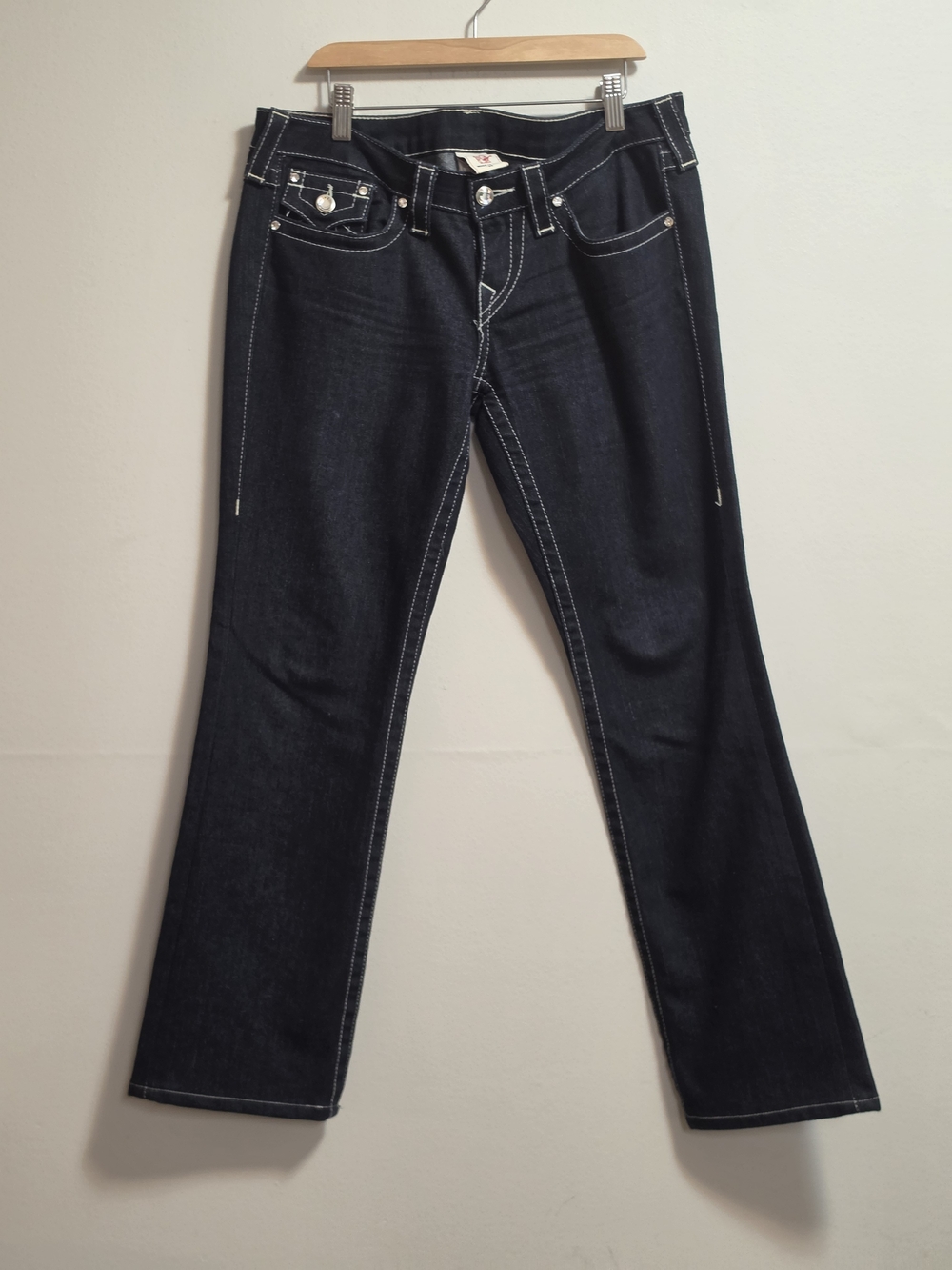 True Religion Dark Wash Low Rise Flare Jeans with White Contrast Stitching